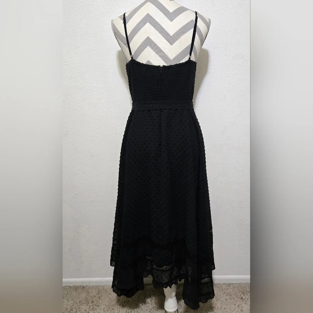 AQUA Black Midi Dress Swiss Dot Lace Inset Handkerchief Hem Tie Waist Small - Picture 8 of 15